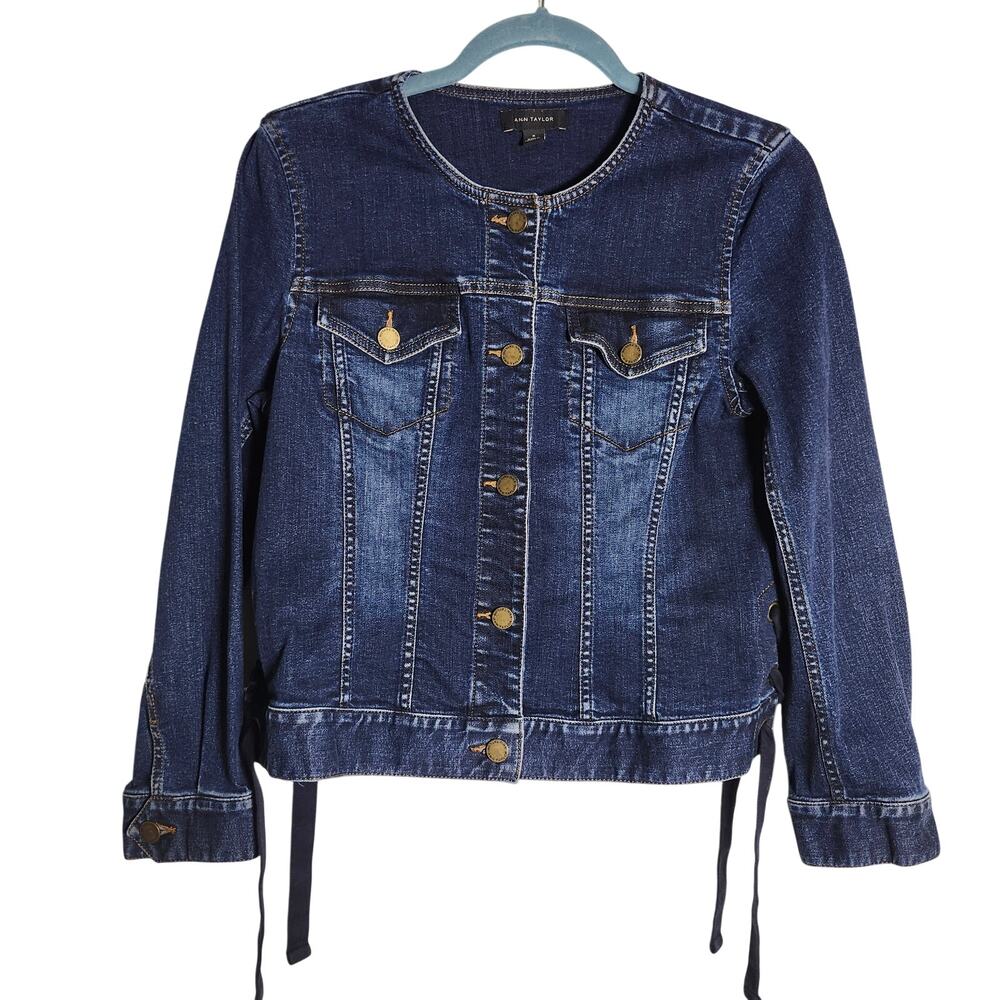 Ann Taylor Dark Wash Denim Jacket with Lace Up Sides Size Medium